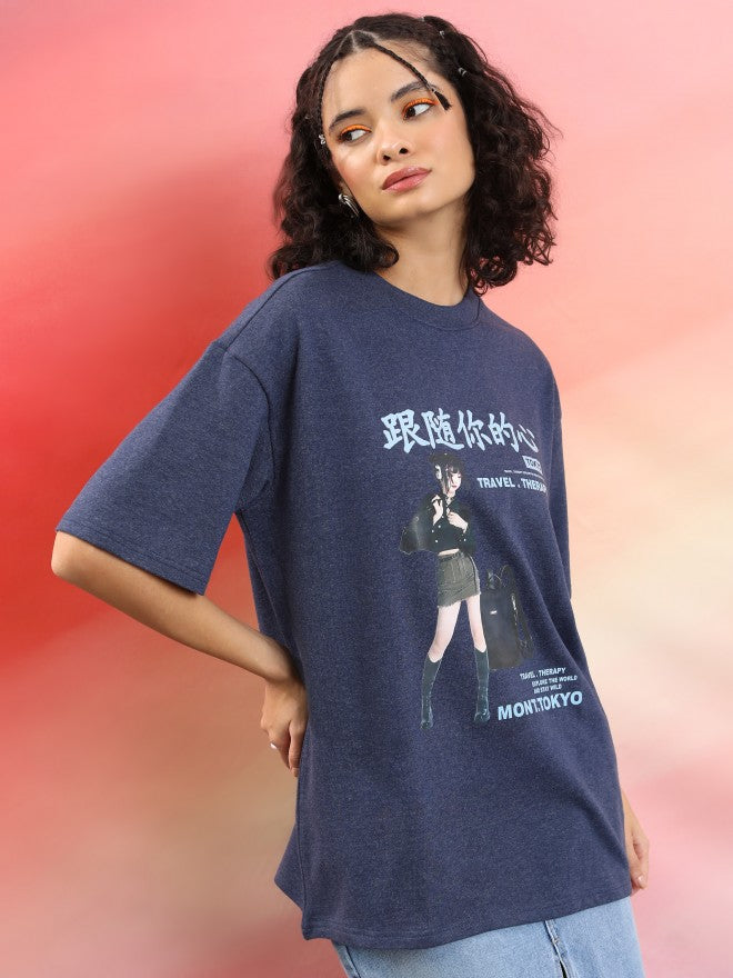 Tokyo Talkies Women Navy Blue Printed Round Neck Oversized Fit T-Shirt - Navy Blue - Image 6