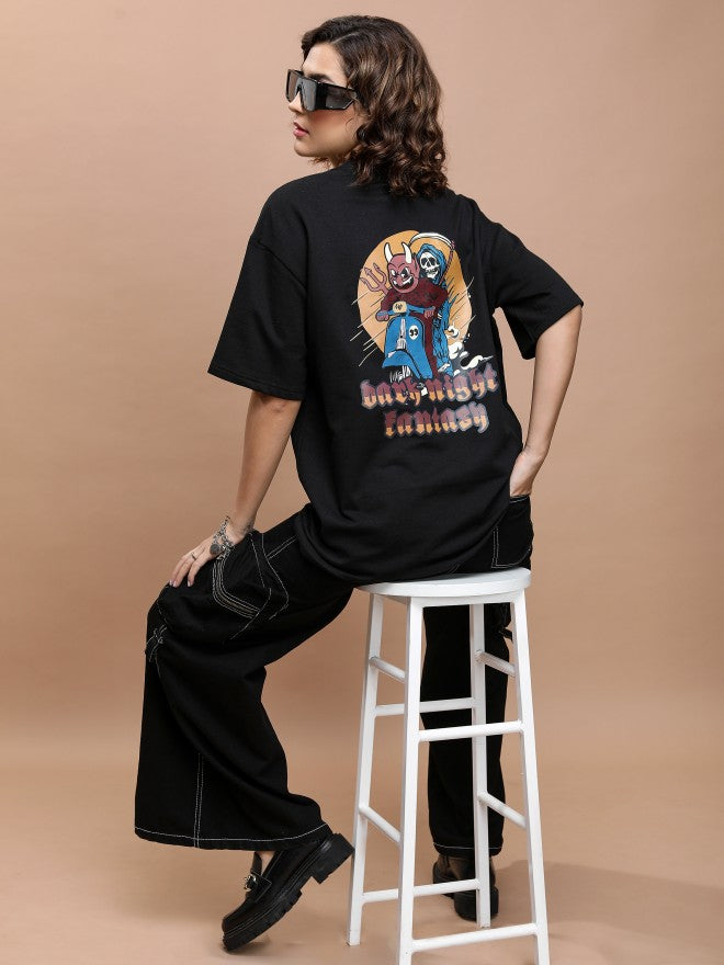 Tokyo Talkies Women Black Printed Round Neck Oversized Fit T-Shirt - Black - Image 2