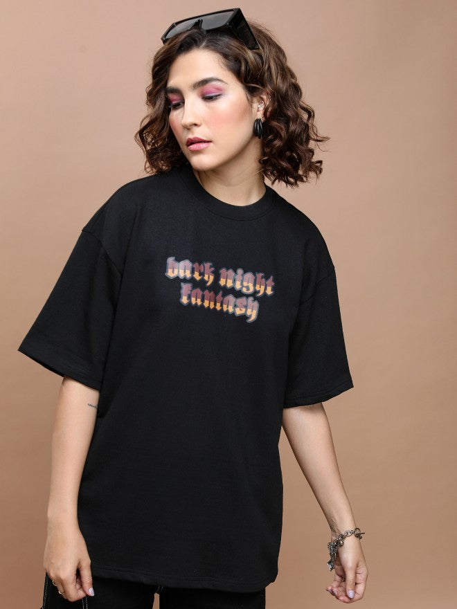 Tokyo Talkies Women Black Printed Round Neck Oversized Fit T-Shirt - Black - Image 3