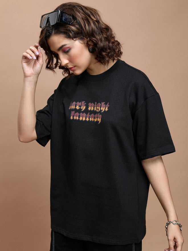 Tokyo Talkies Women Black Printed Round Neck Oversized Fit T-Shirt - Black - Image 4