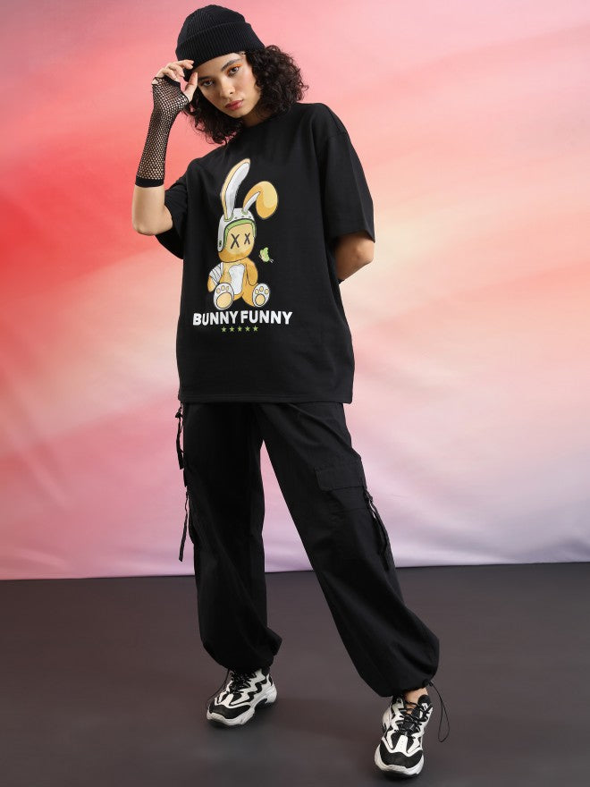 Tokyo Talkies Women Black Printed Oversized Fit T-Shirt - Black - Image 2