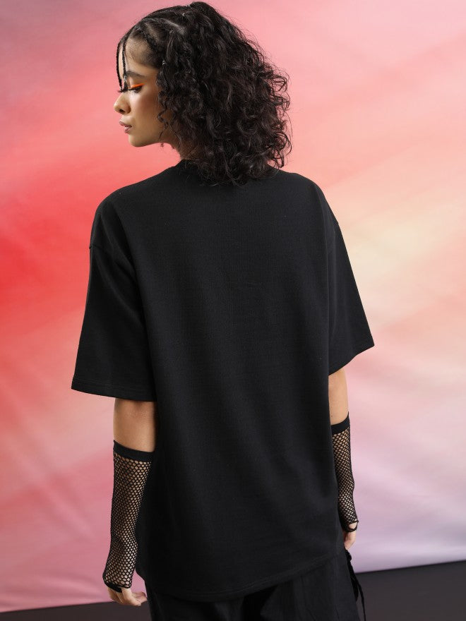 Tokyo Talkies Women Black Printed Oversized Fit T-Shirt - Black - Image 3