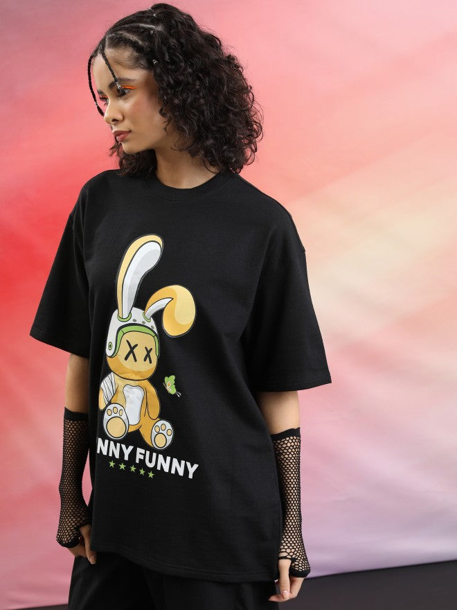 Tokyo Talkies Women Black Printed Oversized Fit T-Shirt - Black - Image 4