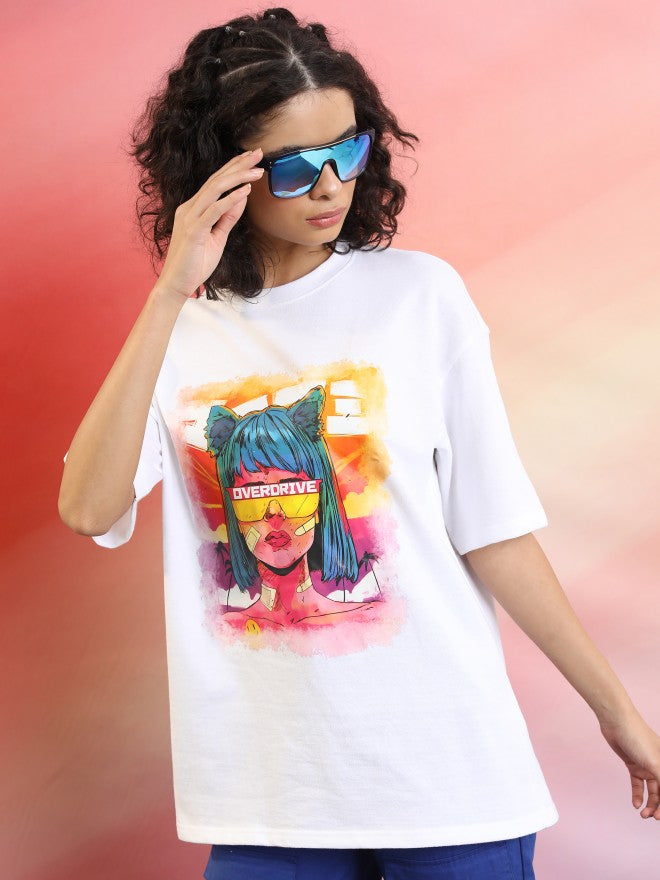 Tokyo Talkies Women White Printed Round Neck Oversized Fit T-Shirt - White - Image 1