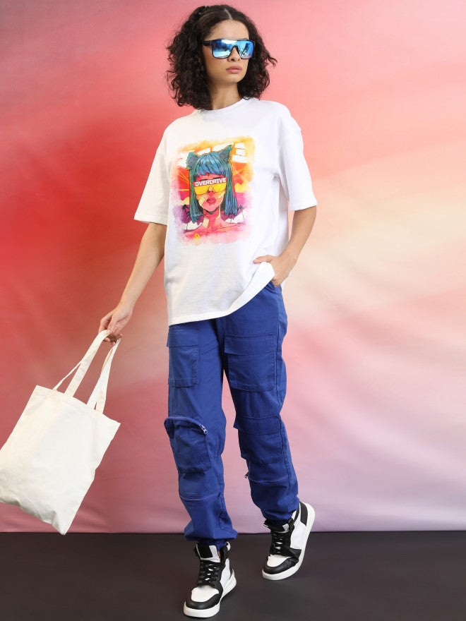 Tokyo Talkies Women White Printed Round Neck Oversized Fit T-Shirt - White - Image 2