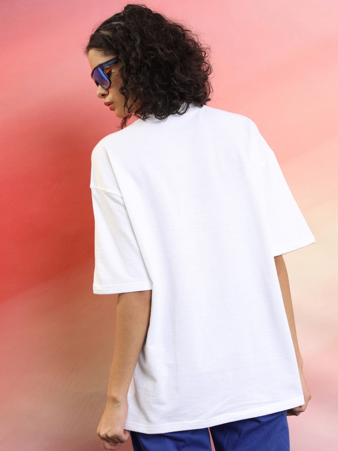 Tokyo Talkies Women White Printed Round Neck Oversized Fit T-Shirt - White - Image 3