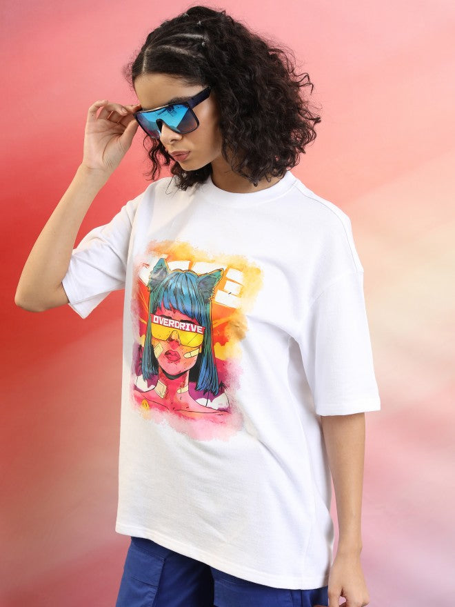 Tokyo Talkies Women White Printed Round Neck Oversized Fit T-Shirt - White - Image 4