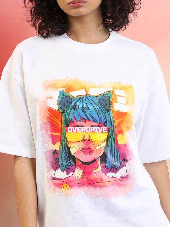 Tokyo Talkies Women White Printed Round Neck Oversized Fit T-Shirt - White - Image 5