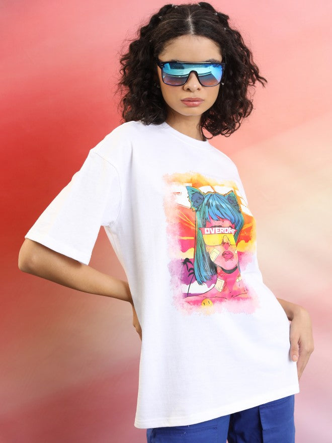 Tokyo Talkies Women White Printed Round Neck Oversized Fit T-Shirt - White - Image 6