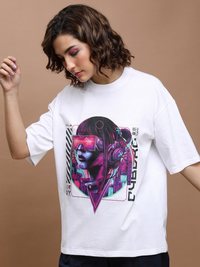 Tokyo Talkies Women White Printed Round Neck Oversized Fit T-Shirt - White - Image 1