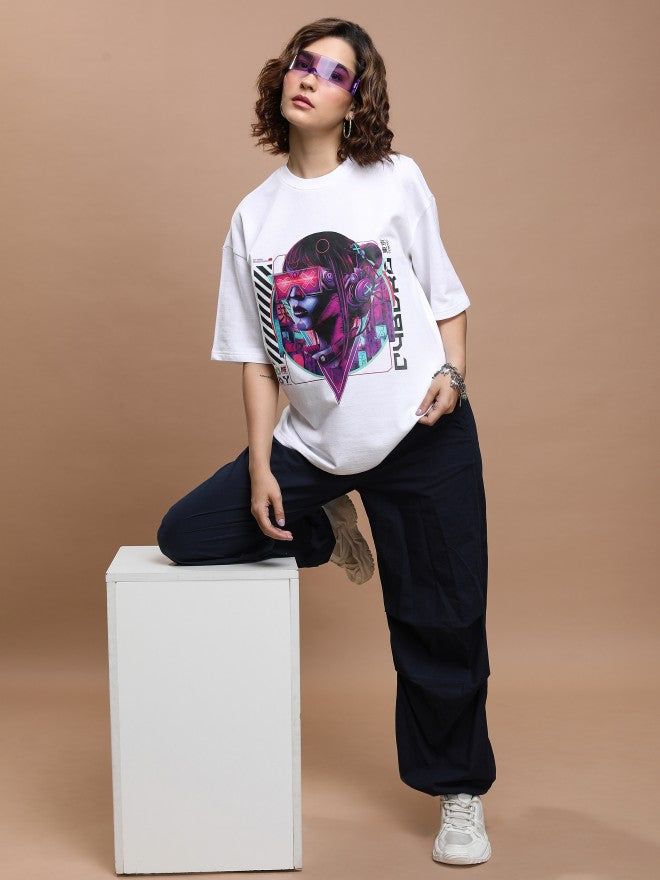 Tokyo Talkies Women White Printed Round Neck Oversized Fit T-Shirt - White - Image 2
