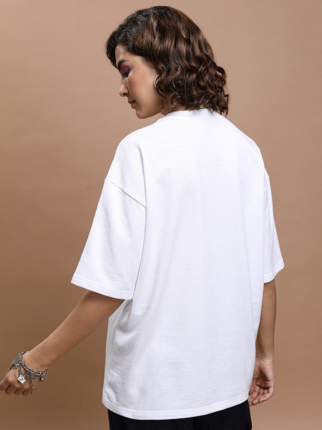 Tokyo Talkies Women White Printed Round Neck Oversized Fit T-Shirt - White - Image 3