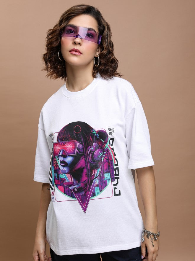 Tokyo Talkies Women White Printed Round Neck Oversized Fit T-Shirt - White - Image 4