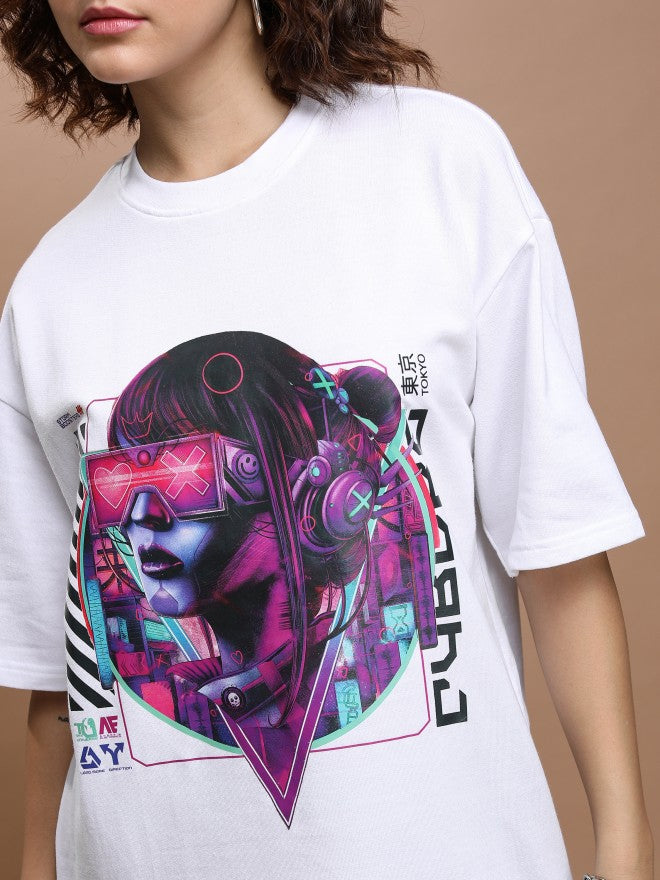 Tokyo Talkies Women White Printed Round Neck Oversized Fit T-Shirt - White - Image 5