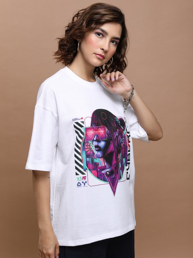 Tokyo Talkies Women White Printed Round Neck Oversized Fit T-Shirt - White - Image 6