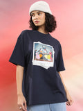 Tokyo Talkies Women Navy Blue Printed Round Neck Oversized Fit T-Shirt - Navy Blue - Image 1
