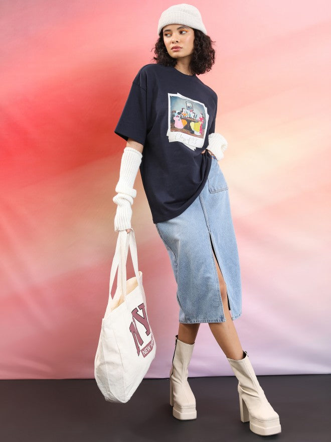 Tokyo Talkies Women Navy Blue Printed Round Neck Oversized Fit T-Shirt - Navy Blue - Image 2