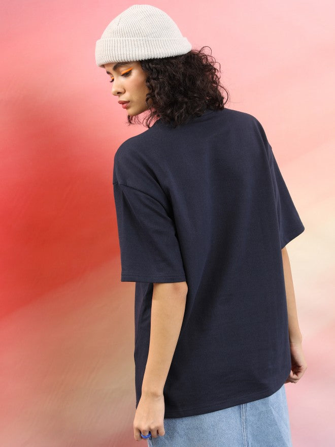 Tokyo Talkies Women Navy Blue Printed Round Neck Oversized Fit T-Shirt - Navy Blue - Image 3