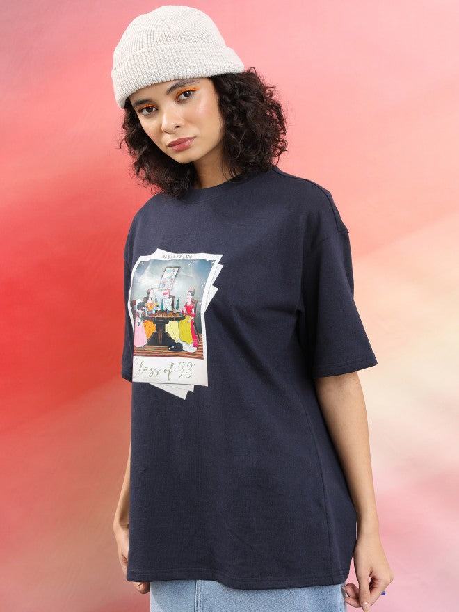 Tokyo Talkies Women Navy Blue Printed Round Neck Oversized Fit T-Shirt - Navy Blue - Image 4