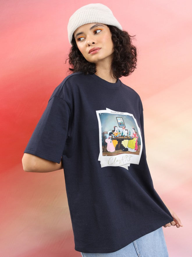 Tokyo Talkies Women Navy Blue Printed Round Neck Oversized Fit T-Shirt - Navy Blue - Image 6