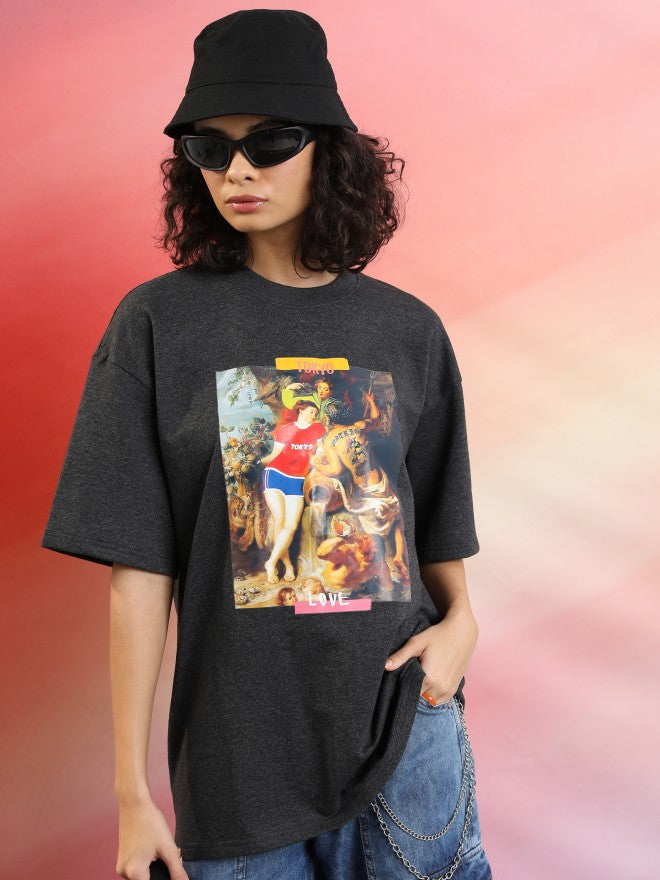 Tokyo Talkies Women Charcoal Printed Round Neck Oversized Fit T-Shirt - Charcoal - Image 1