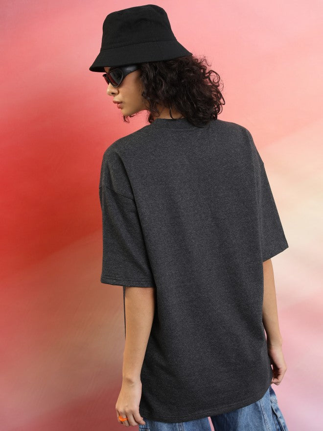 Tokyo Talkies Women Charcoal Printed Round Neck Oversized Fit T-Shirt - Charcoal - Image 3