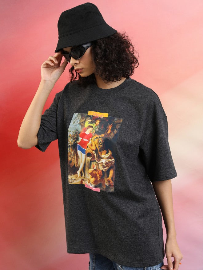 Tokyo Talkies Women Charcoal Printed Round Neck Oversized Fit T-Shirt - Charcoal - Image 4