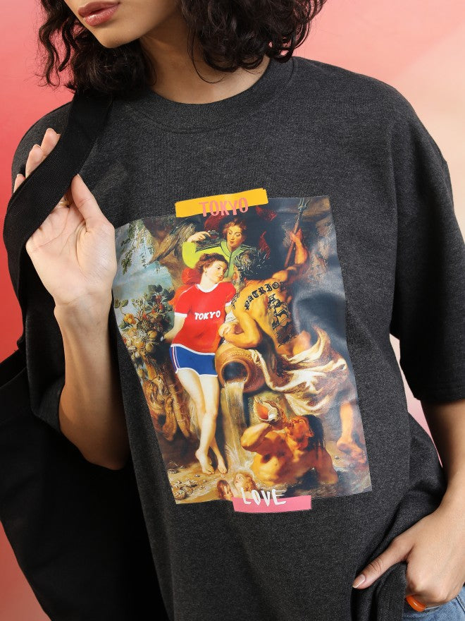 Tokyo Talkies Women Charcoal Printed Round Neck Oversized Fit T-Shirt - Charcoal - Image 5