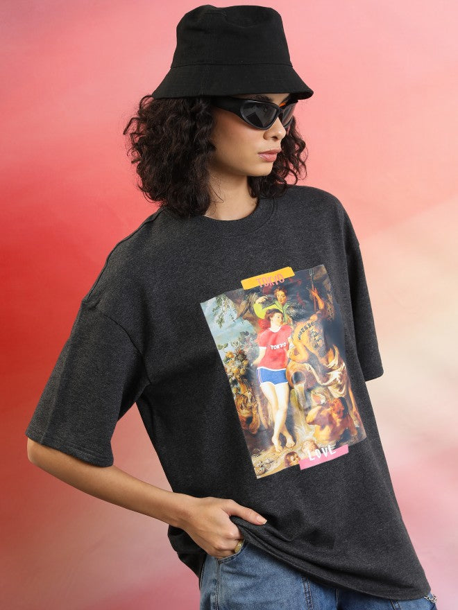 Tokyo Talkies Women Charcoal Printed Round Neck Oversized Fit T-Shirt - Charcoal - Image 6