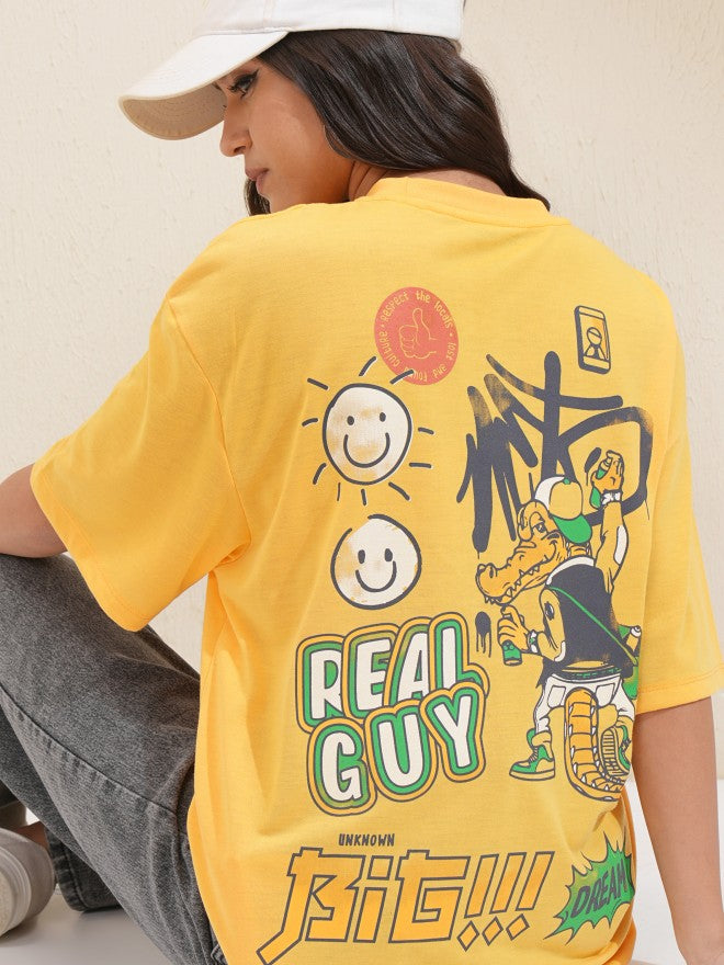 Tokyo Talkies Women Yellow Printed Round Neck Oversized Fit T-Shirt - Yellow - Image 1