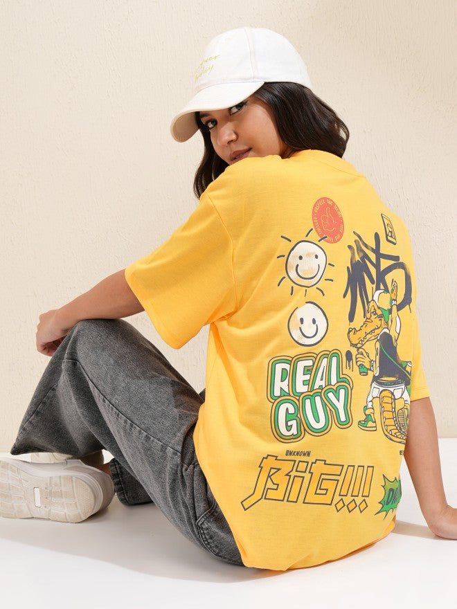 Tokyo Talkies Women Yellow Printed Round Neck Oversized Fit T-Shirt - Yellow - Image 2