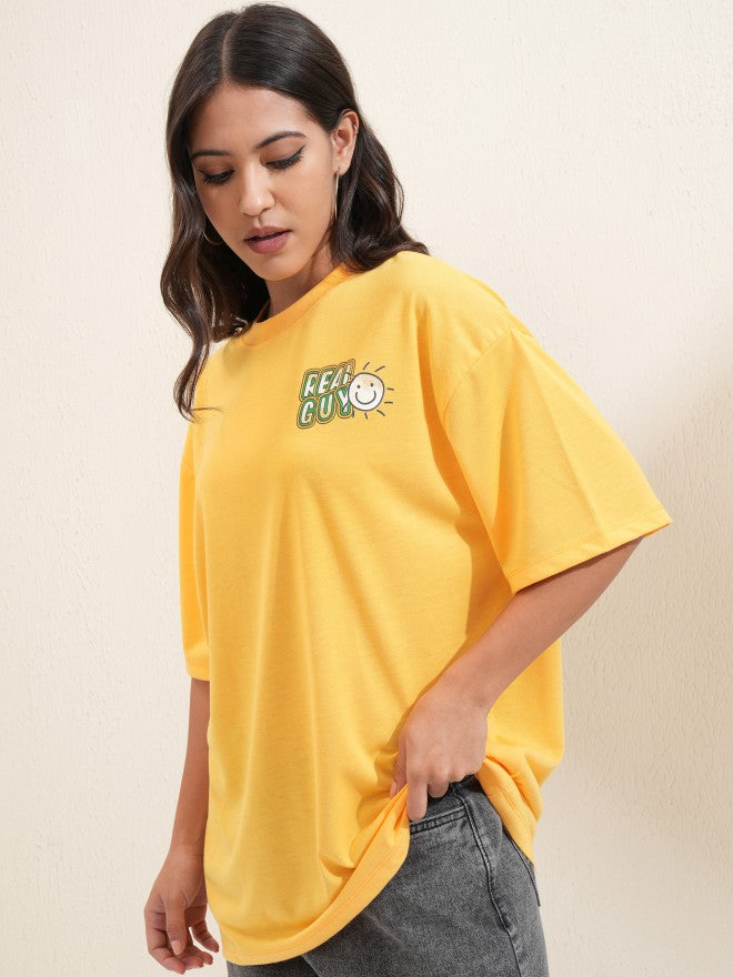 Tokyo Talkies Women Yellow Printed Round Neck Oversized Fit T-Shirt - Yellow - Image 3