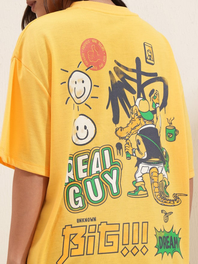 Tokyo Talkies Women Yellow Printed Round Neck Oversized Fit T-Shirt - Yellow - Image 5