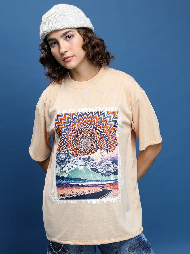 Tokyo Talkies Women Beige Printed Round Neck Oversized Fit T-Shirt - Beige - Image 1