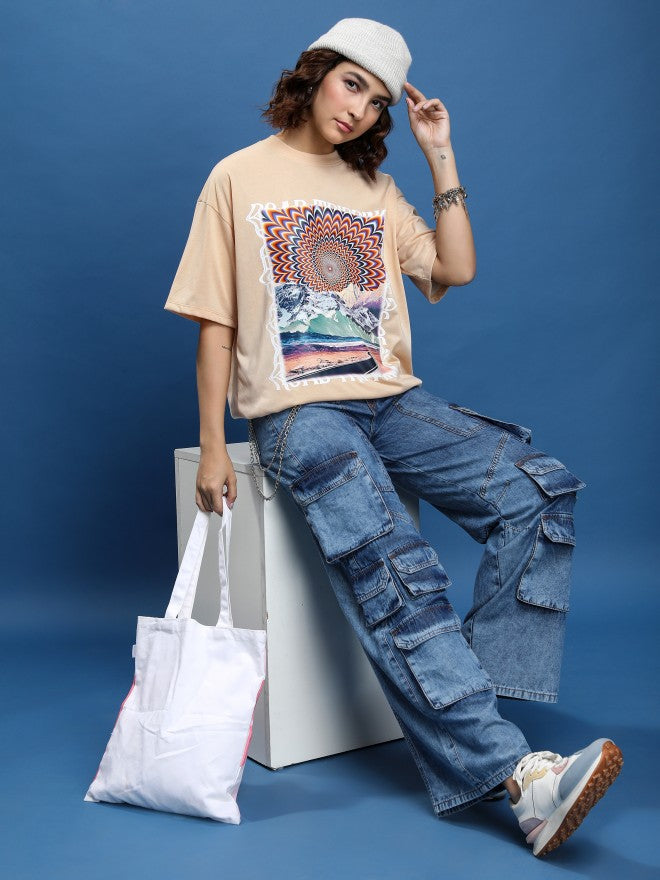 Tokyo Talkies Women Beige Printed Round Neck Oversized Fit T-Shirt - Beige - Image 2