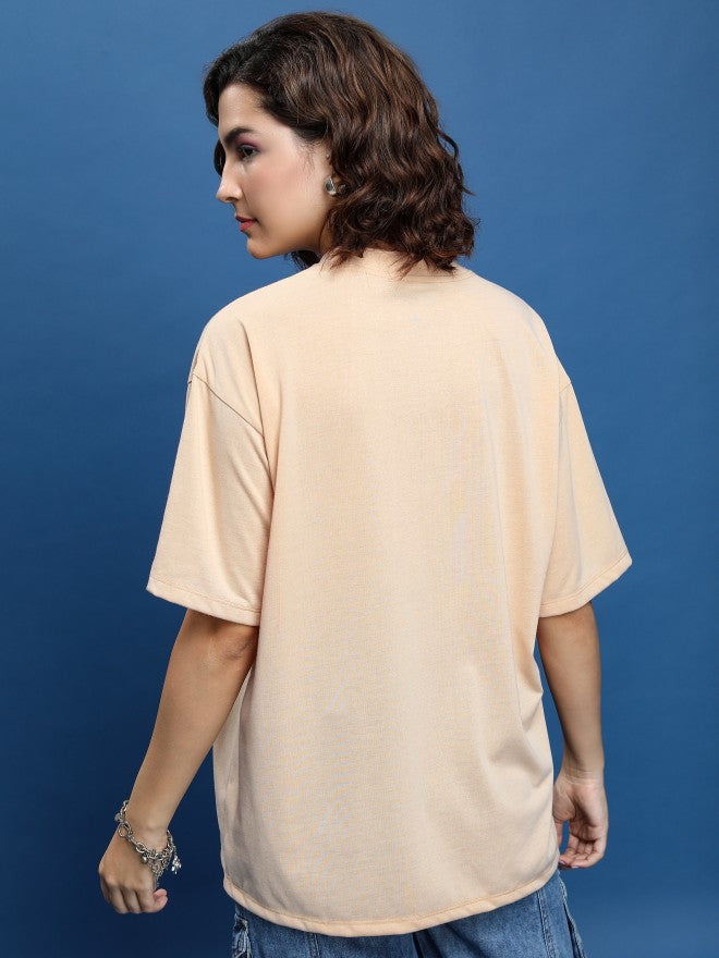 Tokyo Talkies Women Beige Printed Round Neck Oversized Fit T-Shirt - Beige - Image 3