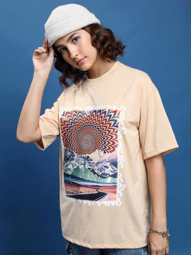 Tokyo Talkies Women Beige Printed Round Neck Oversized Fit T-Shirt - Beige - Image 4