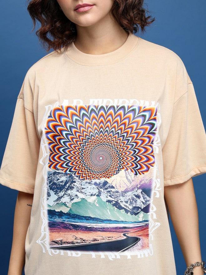Tokyo Talkies Women Beige Printed Round Neck Oversized Fit T-Shirt - Beige - Image 5