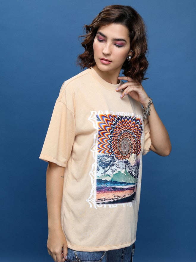 Tokyo Talkies Women Beige Printed Round Neck Oversized Fit T-Shirt - Beige - Image 6