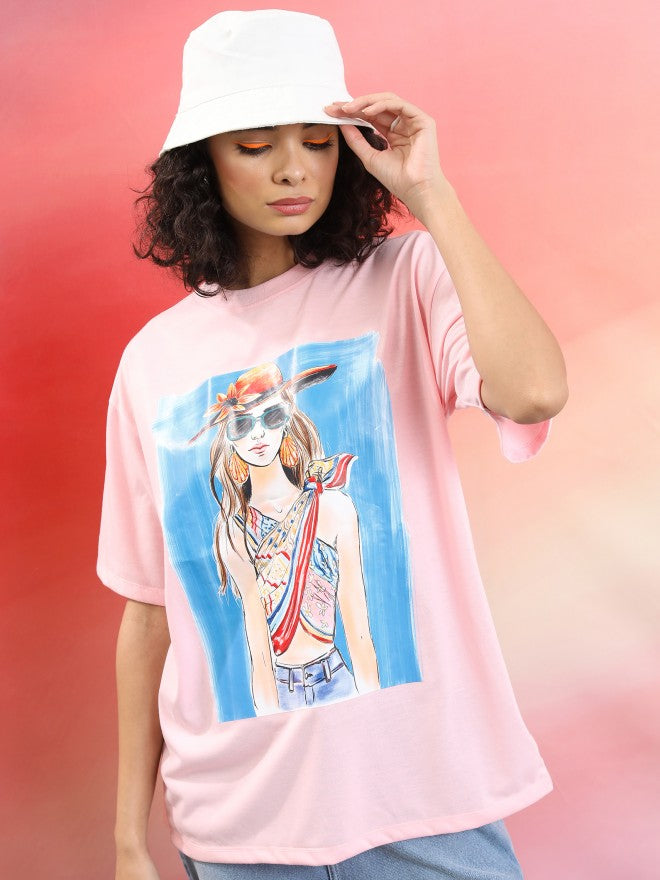 Tokyo Talkies Women Pink Printed Round Neck Oversized Fit T-Shirt - Pink - Image 1