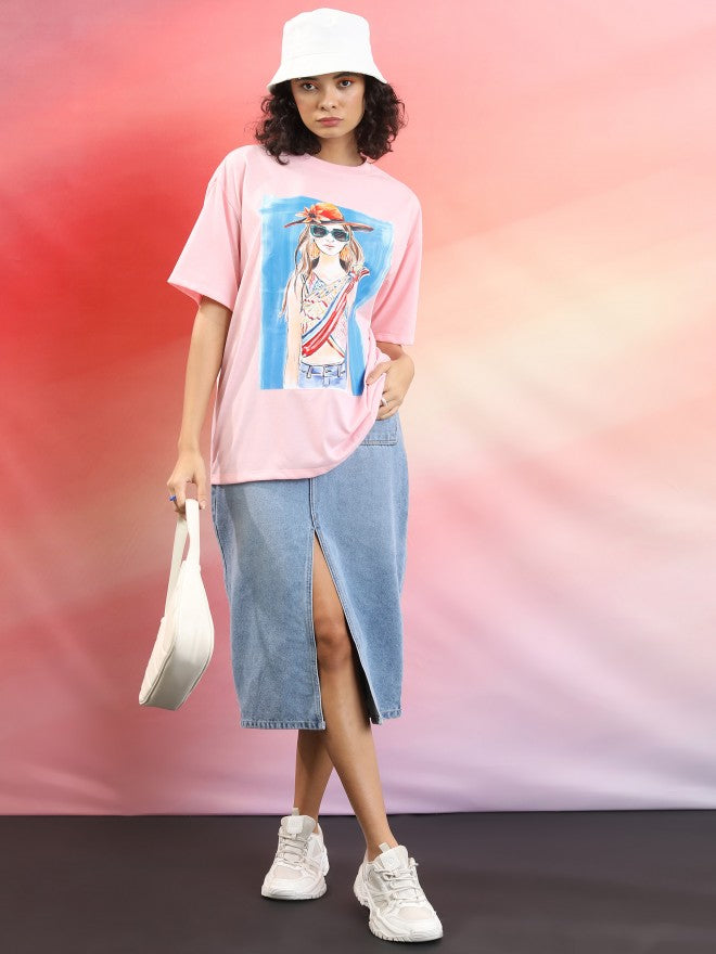 Tokyo Talkies Women Pink Printed Round Neck Oversized Fit T-Shirt - Pink - Image 2