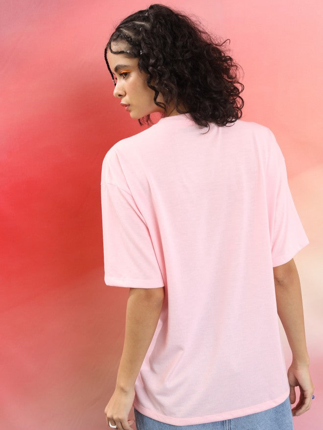 Tokyo Talkies Women Pink Printed Round Neck Oversized Fit T-Shirt - Pink - Image 3
