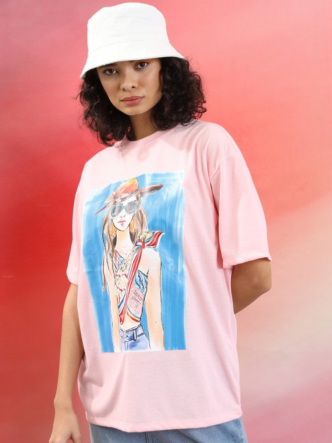 Tokyo Talkies Women Pink Printed Round Neck Oversized Fit T-Shirt - Pink - Image 4