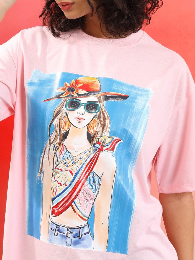 Tokyo Talkies Women Pink Printed Round Neck Oversized Fit T-Shirt - Pink - Image 5