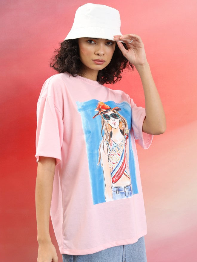 Tokyo Talkies Women Pink Printed Round Neck Oversized Fit T-Shirt - Pink - Image 6