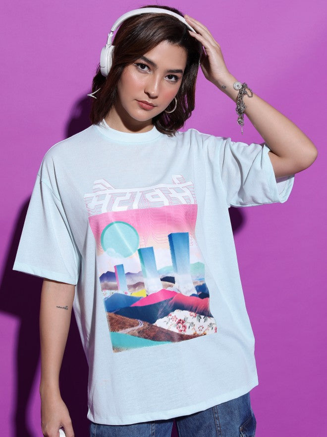 Tokyo Talkies Women Blue Printed Round Neck Oversized Fit T-Shirt - Blue - Image 1