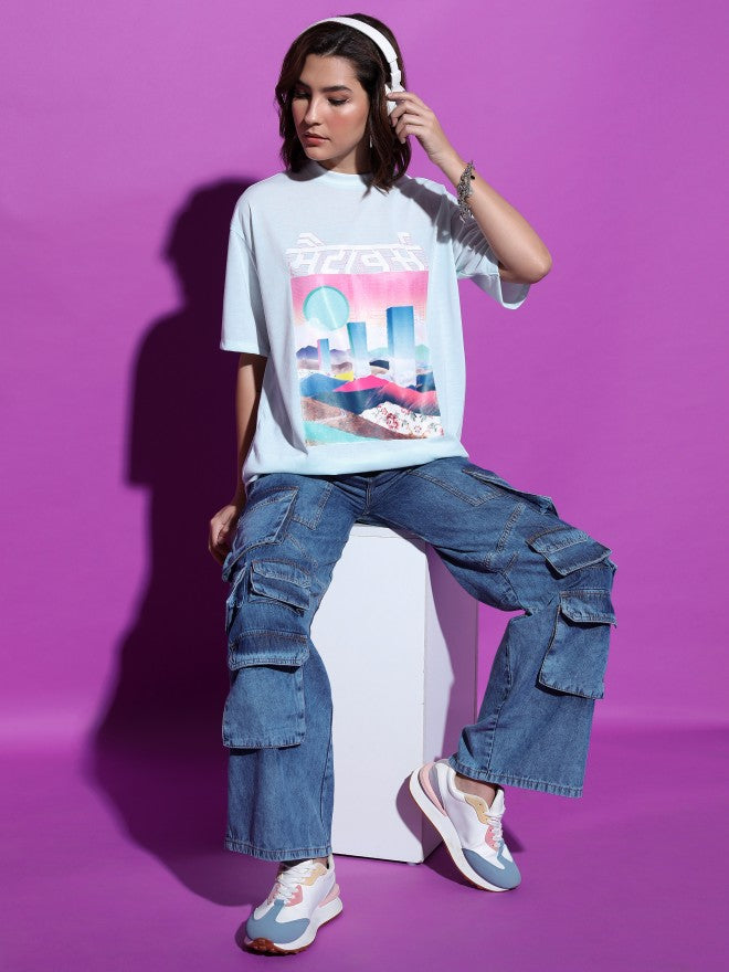 Tokyo Talkies Women Blue Printed Round Neck Oversized Fit T-Shirt - Blue - Image 2