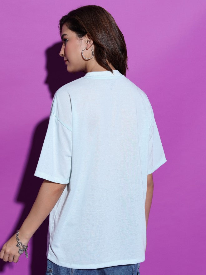 Tokyo Talkies Women Blue Printed Round Neck Oversized Fit T-Shirt - Blue - Image 3