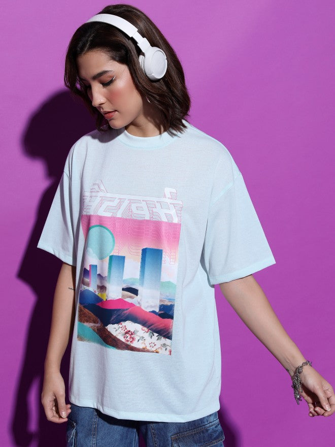 Tokyo Talkies Women Blue Printed Round Neck Oversized Fit T-Shirt - Blue - Image 4