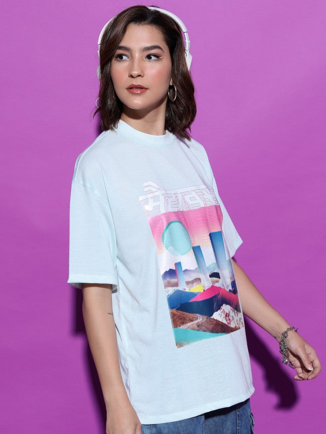 Tokyo Talkies Women Blue Printed Round Neck Oversized Fit T-Shirt - Blue - Image 6